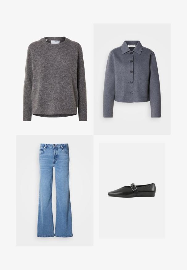 Grå, kort jakke lavet af et blødt materiale har en kravekrave, seks frontknapper og to sidelommer.; Langærmet grå uldsweater til kvinder med rund hals, ribstrikkede manchetter og kant, mærket Selected Femme.; Lyseblå jeans med vid ben lavet af denim. Har et klassisk fem-lomme-design og synlig knaplukning. Blød tekstur og enkel finish.; Sorte læder flade sko med spidse tæer, prydet med en metallisk spænde over vristen og en lav, fleksibel sål.