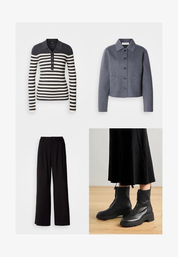 Grijze, cropped jas van een zacht materiaal met een kraag, zes knopen aan de voorkant en twee zijzakken.; Gestreepte lange mouwen pullover in donkergrijs en crèmekleur, met een col en knopen aan de voorkant. Ribbeltextuur over het geheel.; Zwarte wijde broek van soepel stof, met plooien aan de voorkant, een aansluitende tailleband en zonder zichtbare patronen of accenten.; Zwarte leren enkelboots met een chunky platformzool en een rits aan de voorkant. Glad oppervlak met een minimalistisch ontwerp.