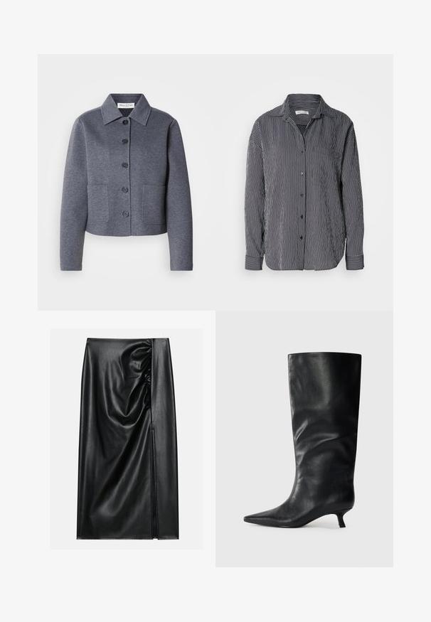 Veste grise courte en matériau doux, avec un col, six boutons à l'avant et deux poches latérales.; Chemise à rayures noire et blanche, dotée d'une poche poitrine, d'un col et de manches longues avec des poignets à rayures contrastées.; Jupe en cuir noir avec une texture lisse, présentant une section froncée sur un côté et une fente sur le côté pour un détail supplémentaire.; Bottes en cuir noires jusqu'aux genoux avec un bout pointu et un petit talon, présentées sur un fond clair.