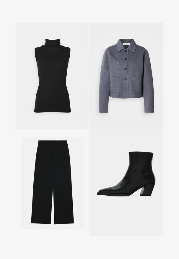 Chaqueta gris, corta, hecha de un material suave, con un cuello tipo solapa, seis botones frontales y dos bolsillos laterales.; Top negro sin mangas de cuello alto hecho de tela acanalada, con un cuello alto y una silueta ajustada. Textura suave con un diseño mínimo.; Pantalones negros de pierna ancha hechos de una tela suave. Presentan una cintura plana con pasadores de cinturón y sin bolsillos visibles. Diseño sencillo.; Bota de tobillo de cuero negro con punta afilada, una silueta elegante y un tacón cuadrado grueso. Textura suave con detalles de costura mínimos.