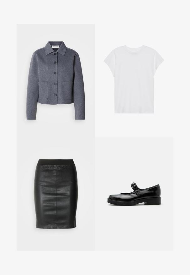 Grijze, cropped jas van een zacht materiaal met een kraag, zes knopen aan de voorkant en twee zijzakken.; Witte t-shirt met korte mouwen, ronde hals, relaxte pasvorm, gemaakt van zacht katoen. Glad textuur, geen patronen of logo's.; Zwarte kokerrok van soepel leer, met een elastische tailleband voor een aansluitende pasvorm en een minimalistisch ontwerp.; Zwarte lakleren Mary Jane-schoen met een ronde neus, lage blokhak en een verstelbare gespsluiting over de wreef.