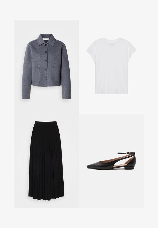 Grijze, cropped jas van een zacht materiaal met een kraag, zes knopen aan de voorkant en twee zijzakken.; Witte t-shirt met korte mouwen, ronde hals, relaxte pasvorm, gemaakt van zacht katoen. Glad textuur, geen patronen of logo's.; Zwarte plissé rok met een hoge, elastische tailleband. Gemaakt van zachte stof, met verticale plooien voor een vloeiende silhouet.; Zwarte platte schoen met puntige neus, enkelbandje en lage hak, met een gestructureerd nep krokodillenpatroon.
