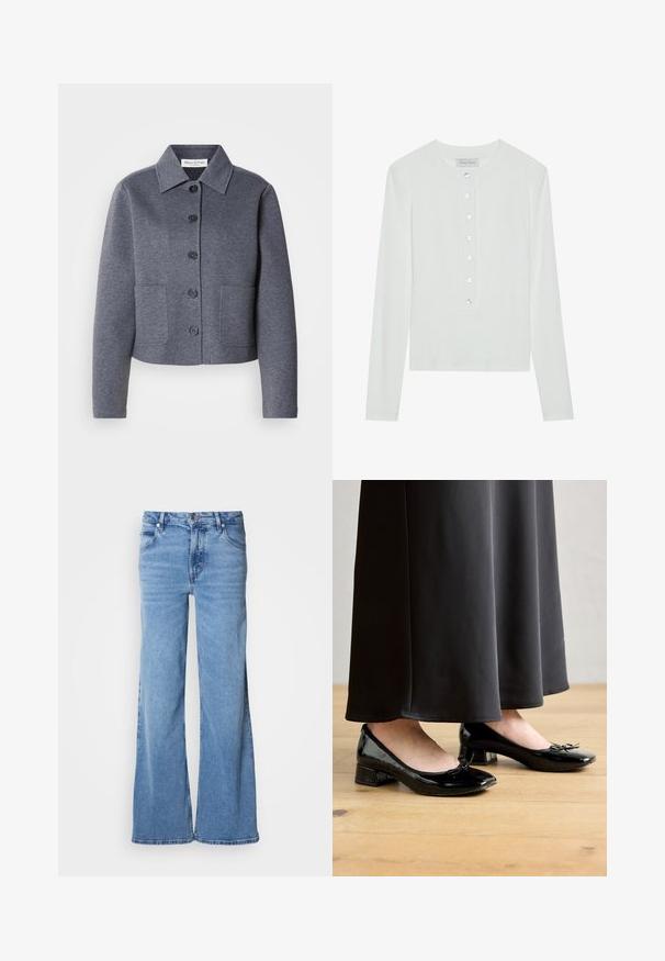 Grijze, cropped jas van een zacht materiaal met een kraag, zes knopen aan de voorkant en twee zijzakken.; Witte lange mouwen top van ribstof, met een ronde halslijn en een knopenfront met zes doorzichtige knopen.; Lichtblauwe jeans met wijde pijpen, gemaakt van denim. Voorzien van een klassiek ontwerp met vijf zakken en een zichtbare knoopsluiting. Zachte textuur en een eenvoudige afwerking.; Zwarte gepatineerde ballerina's met een strikaccent, lage blokhak en ronde neus, gedragen met een lange zwarte rok op een houten vloer.