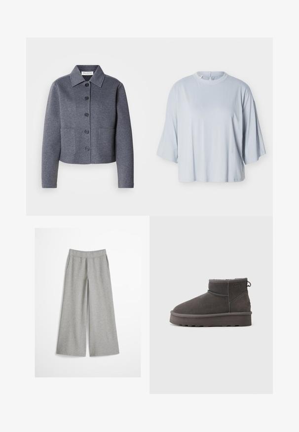 Veste grise courte en matériau doux, avec un col, six boutons à l'avant et deux poches latérales.; Haut ample bleu clair avec manches larges longueur coude et encolure ronde, présenté sur un fond blanc uni.; Pantalon gris clair à jambes larges avec ceinture élastique, en tissu tricoté doux, présenté sur un fond blanc uni.; Marco Tozzi Bottes de neige - graphite