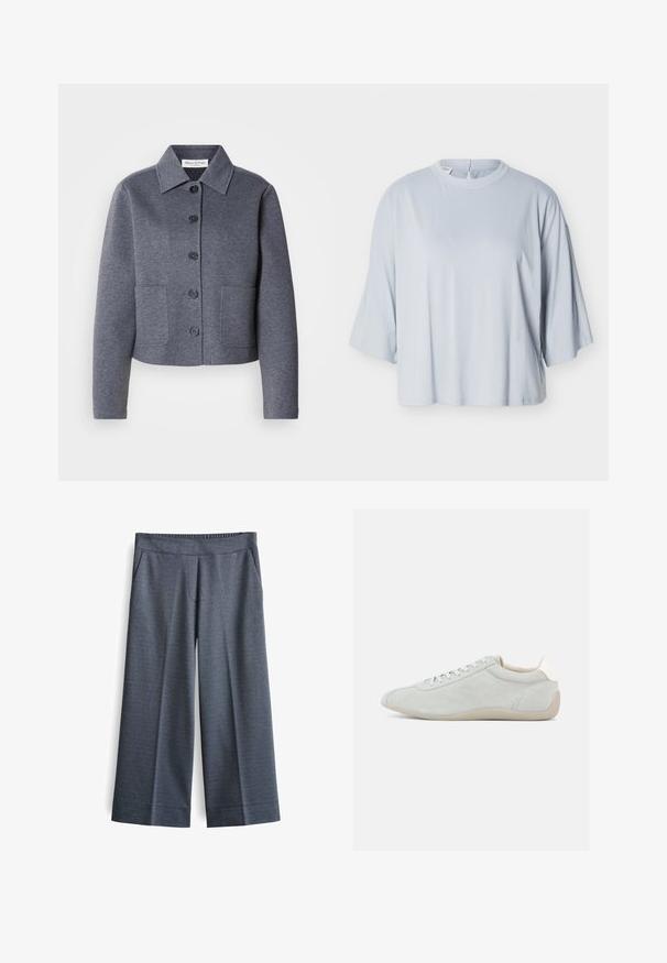 Grijze, cropped jas van een zacht materiaal met een kraag, zes knopen aan de voorkant en twee zijzakken.; Lichtblauw loszittend shirt met brede mouwen tot de elleboog en een ronde hals, getoond op een effen witte achtergrond.; Wijde broek in donkergrijze stof. Voorzien van een elastische tailleband, twee voorkantzakken en een gladde textuur met een subtiel patroon.; Lichtgrijze suède sneaker met een laag profiel, vetersluiting en een zachte beige rubberen zool. Subtiele stikdetails zorgen voor textuur.