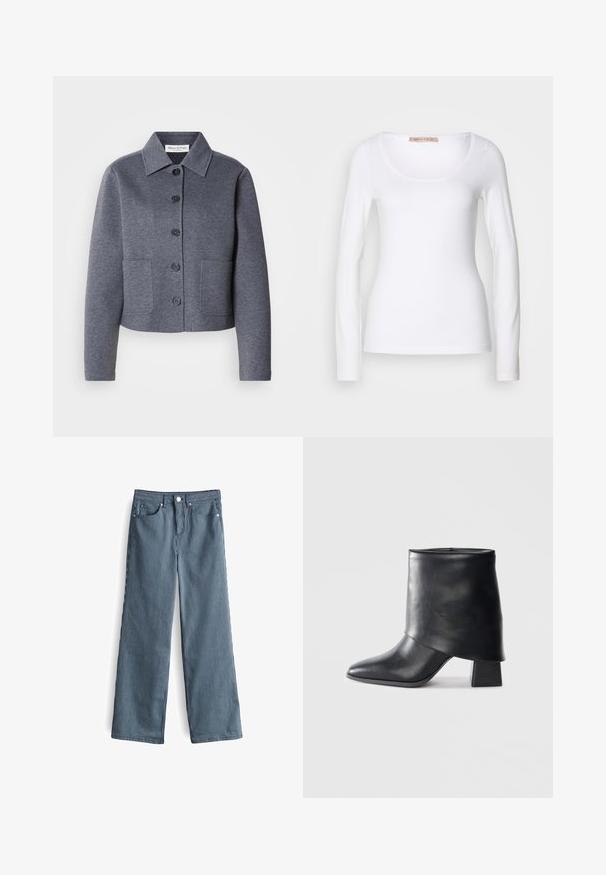 Grau, kurz geschnittene Jacke aus weichem Material mit einem Kragen, sechs vorderen Knöpfen und zwei Seitentaschen.; Langärmliges, weißes Baumwoll-T-Shirt mit einem U-Ausschnitt und einer figurbetonten Passform, glatter Textur und ohne Verzierung.; Helle blaue und weiße gestreifte weite Hosen mit hoher Taille, ausgestattet mit fünf Taschen und einem knöpfbaren Bund.; Schwarze Lederstiefelette mit spitzer Zehenform, glatter Oberfläche und strukturiertem Blockabsatz. Mit einem hohen, gefalteten Schaftdesign.