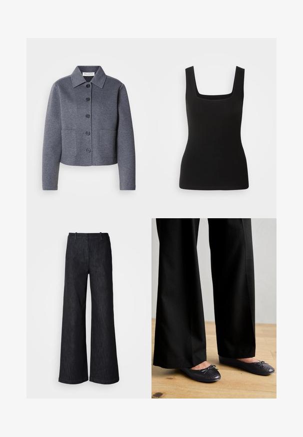 Veste grise courte en matériau doux, avec un col, six boutons à l'avant et deux poches latérales.; Débardeur sans manches noir avec un décolleté carré, fabriqué en tissu lisse ; design ajusté sans motifs ni accents en métal.; Pantalon en denim noir à jambes larges avec une finition texturée, doté de passants pour ceinture et d'un ourlet net. Design classique, adapté à diverses occasions.; Pantalons larges noirs avec une surface texturée, associés à des chaussures plates ornées d'un nœud et d'un subtil design en croco embossé noir.