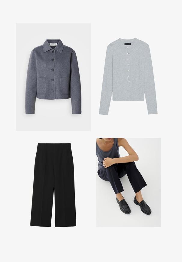 Veste grise courte en matériau doux, avec un col, six boutons à l'avant et deux poches latérales.; Cardigan gris à manches longues en tissu côtelé, présentant un col rond et six boutons frontaux avec une légère brillance.; Pantalons larges noirs en tissu lisse, avec deux poches avant, un devant plat, et une fermeture éclair sur le côté.; Mocassins en cuir noir avec accents texturés, talon bas, bout arrondi, et coutures visibles. Modèle portant un pantalon sombre et un haut gris.
