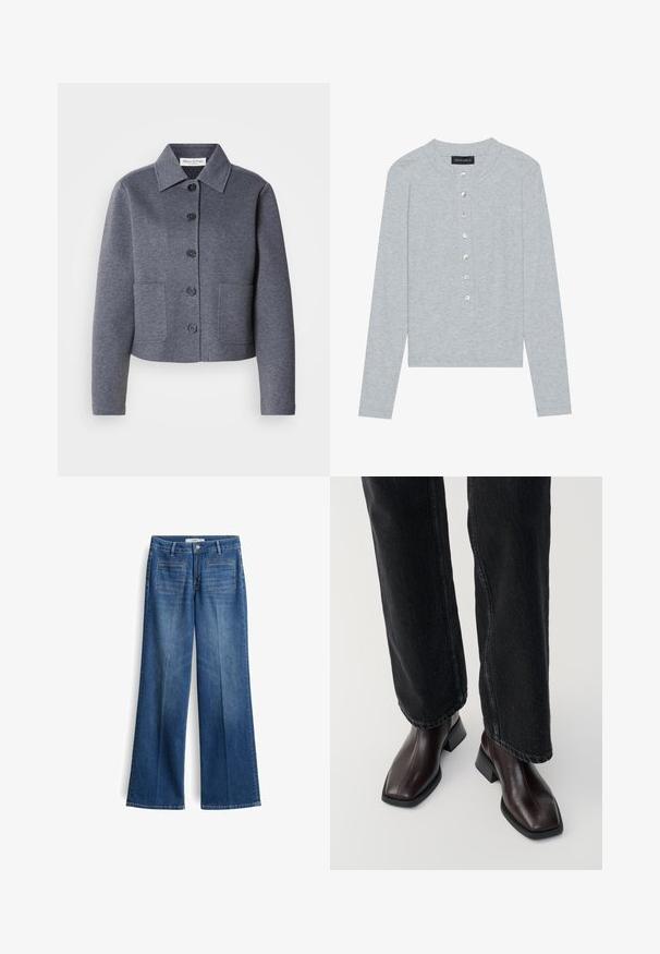 Grijze, cropped jas van een zacht materiaal met een kraag, zes knopen aan de voorkant en twee zijzakken.; Grijze cardigan met lange mouwen van geribbelde stof, voorzien van een ronde halslijn en zes knopen aan de voorkant met een lichte glans.; Wijde blauwe denim jeans met een middelhoog taille, twee achterzakken en subtiele stikdetails, gemaakt van een stevige katoenmix.; Bruine leren enkellaarsjes met een vierkante neus en blokhak, gecombineerd met zwarte wijde jeans. Glad textuur en minimalistisch ontwerp.