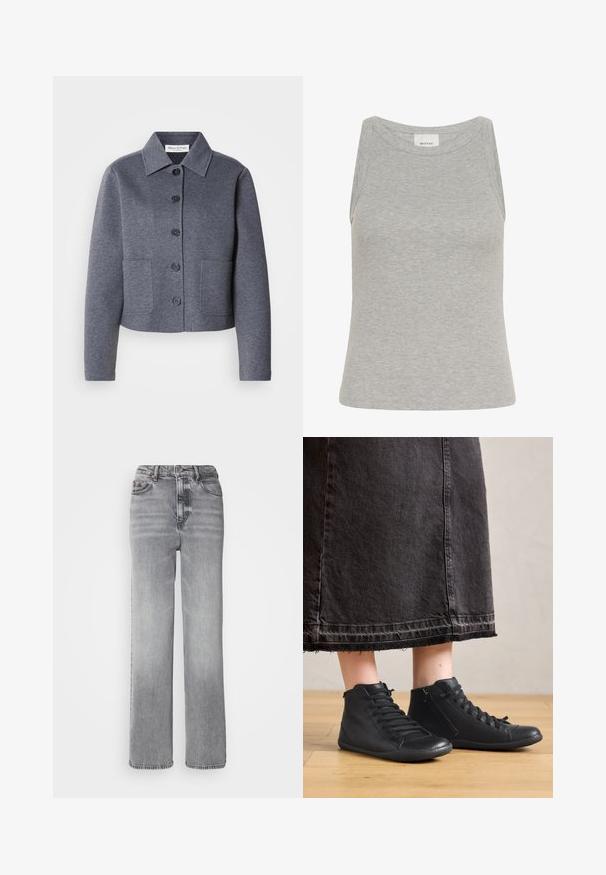 Grau, kurz geschnittene Jacke aus weichem Material mit einem Kragen, sechs vorderen Knöpfen und zwei Seitentaschen.; Graues geripptes Tanktop mit rundem Ausschnitt und ärmellosem Design. Hergestellt aus weichem Stoff, zeichnet es sich durch eine figurbetonte Silhouette und minimale Nähte aus.; Graue High-Waisted-Jeans mit geradem Bein, leichter Ausbleichung und klassischem Fünf-Taschen-Design sowie Metallknopfverschluss.; Schwarze Leder-Hochschuhe mit glatter Oberfläche, ausgestattet mit Schnürsenkeln und einem seitlichen Reißverschluss. Getragen mit einem langen schwarzen Jeansrock.