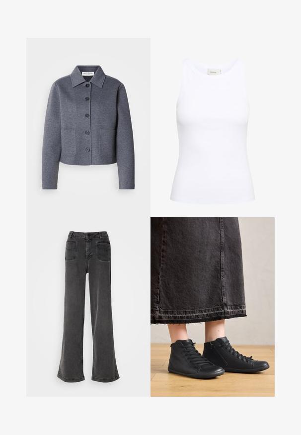 Grå, kort jakke lavet af et blødt materiale har en kravekrave, seks frontknapper og to sidelommer.; Hvid ribbet tanktop med rund halsudskæring og uden ærmer. Strækbart stof og tætsiddende design. Etiketten bagpå viser "GESTUZ."; Høj talje, brede ben sorte jeans lavet af denim, med knaplukning, bæltestropper og to baglommer med syninger.; Sorte læder høje sko med en glat overflade, der har snørebånd og en sidezipper. Båret med en lang sort denimnederdel.
