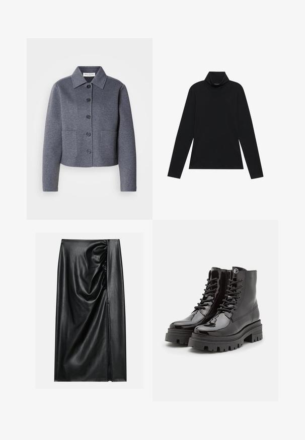 Grijze, cropped jas van een zacht materiaal met een kraag, zes knopen aan de voorkant en twee zijzakken.; Zwarte langetermijn turtleneck. Zachte stof, getailleerd design, hoge kraag en zijnaad. Eenvoudige en veelzijdige stijl die geschikt is voor het laagjes dragen.; Zwarte leren rok met een soepele textuur, voorzien van een geplooid gedeelte aan één kant en een zijspleet voor extra detail.; Zwarte lakleren enkellaarsjes met vetersluiting aan de voorkant, stevige zwarte zool en zijrits. Beschikken over een gladde, glanzende textuur en een ronde neus.