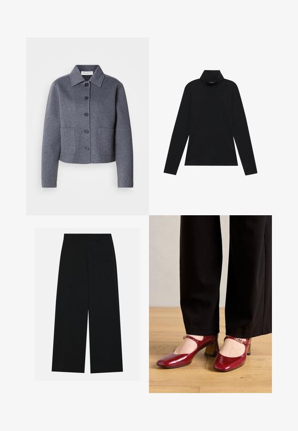 Veste grise courte en matériau doux, avec un col, six boutons à l'avant et deux poches latérales.; Turtleneck à manches longues noir. Tissu doux, design près du corps, col montant et coutures latérales. Style simple et polyvalent, idéal pour le superposition.; Pantalons noirs à jambe large en tissu lisse. Dotés d'une taille plate avec passants de ceinture et sans poches visibles. Design simple.; Talons Mary Jane en cuir verni rouge avec un bout carré, une sangle sur le cou-de-pied et un petit talon bloc. Portés avec un pantalon noir.