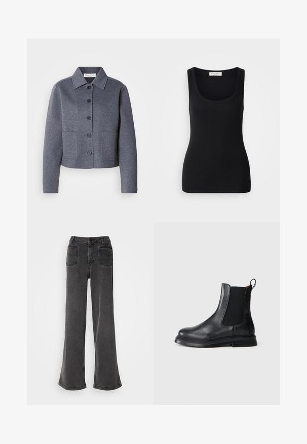 Grau, kurz geschnittene Jacke aus weichem Material mit einem Kragen, sechs vorderen Knöpfen und zwei Seitentaschen.; Schwarzes, geripptes Tanktop mit rundem Ausschnitt, breiten Trägern und figurbetontem Schnitt. Etikett auf der Rückseite mit der Aufschrift "Marc O'Polo".; Hoch geschnittene, weit geschnittene schwarze Jeans aus Denim, ausgestattet mit einem Knopfverschluss, Gürtelschlaufen und zwei hinteren Taschen mit gestickten Akzenten.; Schwarze Leder-Chelsea-Stiefel mit elastischen Seitenpaneelen, abgerundeter Zehenpartie und strukturiertem schwarzen Gummisohle. Verfügt über eine Zuglasche für einfaches Anziehen.