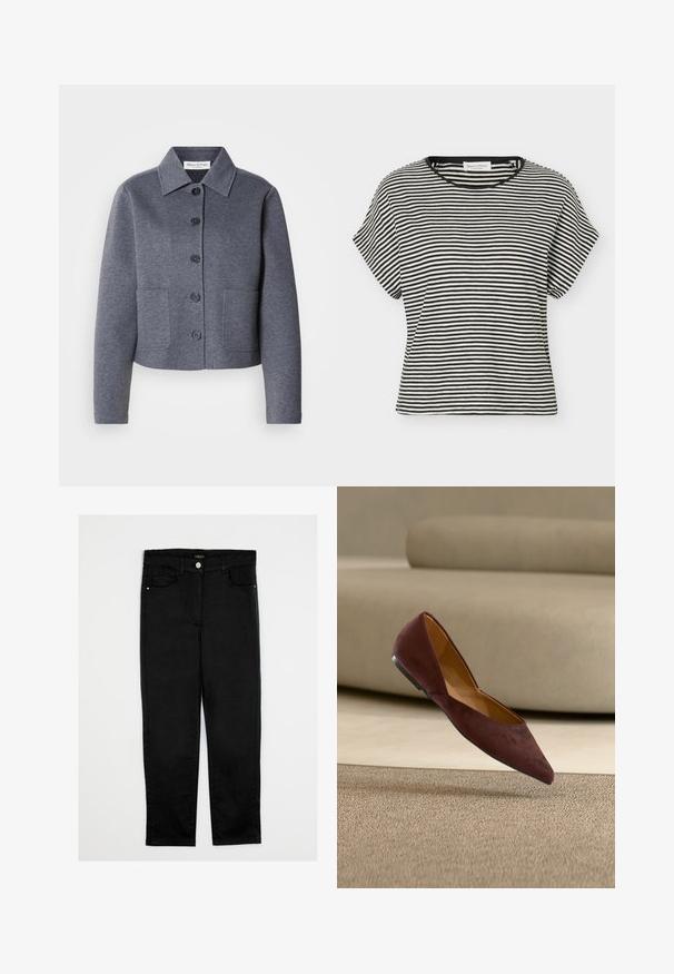 Grijze, cropped jas van een zacht materiaal met een kraag, zes knopen aan de voorkant en twee zijzakken.; Zwart-wit horizontaal gestreept T-shirt met korte mouwen, ronde hals en een ontspannen pasvorm.; Zwarte denim broek met een recht model, voorzien van een middelhoog taille, vijf zakken en een sluiting met een knoop aan de voorkant. Gladde textuur, geen zichtbare patronen.; Donkerbruine suède platte schoen met puntige neus zwevend boven een beige tapijt met een beige bank op de achtergrond.