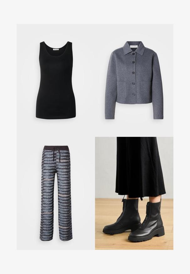 Veste grise courte en matériau doux, avec un col, six boutons à l'avant et deux poches latérales.; Débardeur noir sans manches, en tissu lisse, avec un col rond classique et une coupe ajustée. Pas de motifs ni d'accents.; Pantalon de survêtement noir avec un motif de feuilles bleu et gris, taille élastique, cordon de serrage, et coupe large. Texture douce, coupe décontractée.; Bottines en cuir noir avec une semelle plateforme épaisse et une fermeture éclair à l'avant. Texture lisse avec un design minimaliste.
