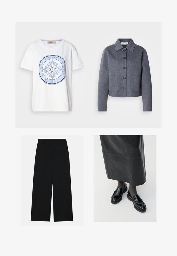 Veste grise courte en matériau doux, avec un col, six boutons à l'avant et deux poches latérales.; T-shirt en coton blanc à manches courtes et col rond. Présente un motif graphique circulaire bleu avec des motifs complexes et le texte "MOS MOSH".; Pantalons noirs à jambe large en tissu lisse. Dotés d'une taille plate avec passants de ceinture et sans poches visibles. Design simple.; Mocassins en cuir noir avec une finition lisse, ornés d'une bande décorative, à bout rond et avec une semelle texturée. Portés avec une longue jupe en cuir noir.