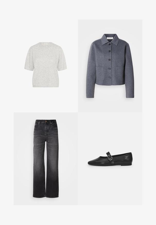 Veste grise courte en matériau doux, avec un col, six boutons à l'avant et deux poches latérales.; Pull court gris clair à manches courtes, col rond, texture douce, coupe légèrement ample, avec un motif chiné minimal et des détails en bord côtelé.; Jeans en denim noir évasés à taille haute, cinq poches, fermeture à bouton et texture légèrement décolorée. Tissu épais avec une coupe structurée.; Chaussure plate en cuir noir avec un bout arrondi, une seule sangle réglable à boucle et une texture lisse et brillante. Design minimaliste avec un petit talon.