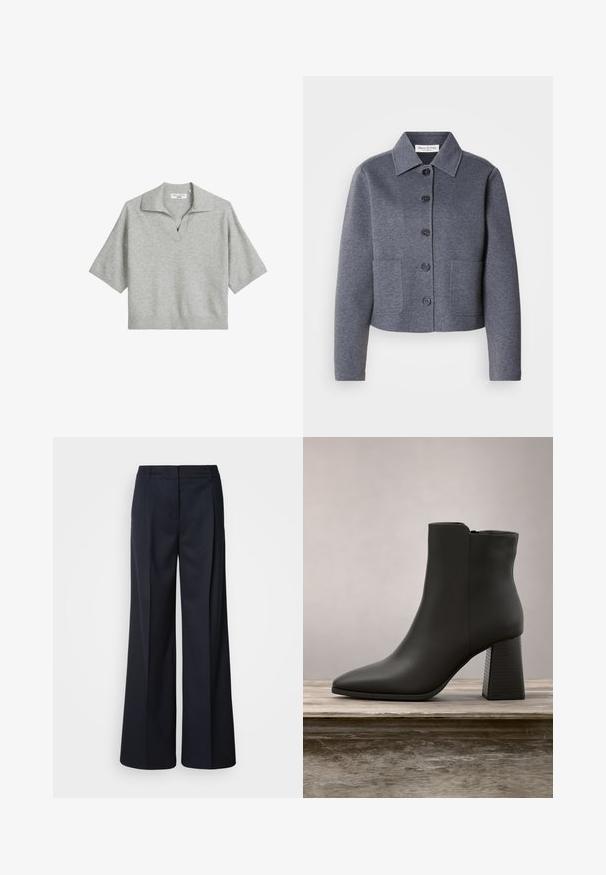 Chaqueta gris, corta, hecha de un material suave, con un cuello tipo solapa, seis botones frontales y dos bolsillos laterales.; Polo de manga corta en gris claro con cuello en V y dobladillo acanalado. Fabricado en tejido de punto, presenta un cuello estructurado.; Pantalones de pierna ancha en azul marino oscuro, confeccionados con tela suave. Cuentan con una cintura entallada y pliegues frontales, diseñados para un ajuste cómodo.; Botín negro de cuero hasta el tobillo con punta afilada y tacón cuadrado, que presenta una sección texturizada negra y una superficie superior lisa.