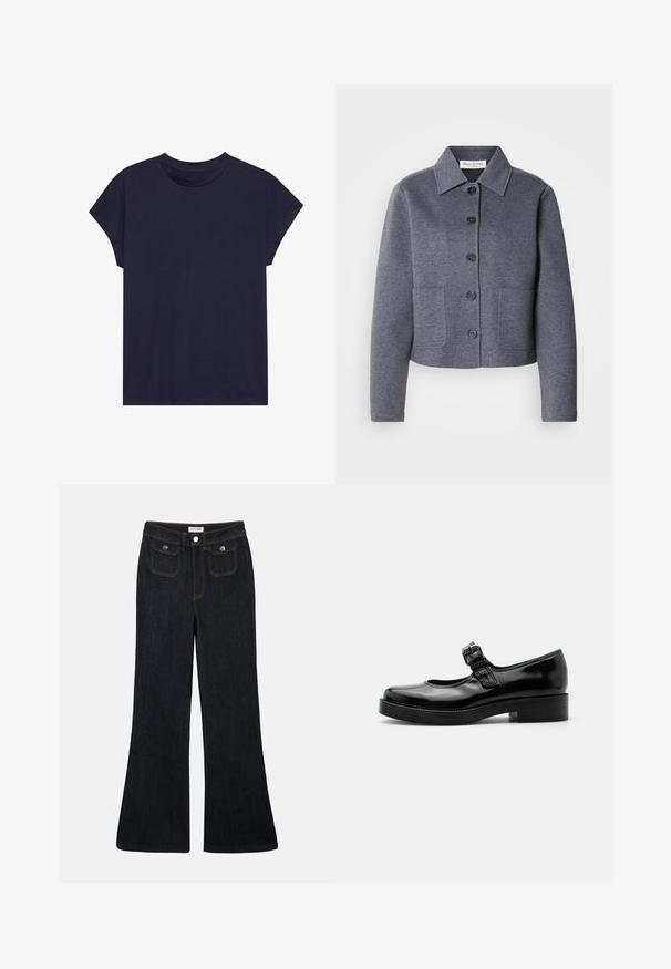 Chaqueta gris, corta, hecha de un material suave, con un cuello tipo solapa, seis botones frontales y dos bolsillos laterales.; Camiseta de algodón azul marino con escote redondo y mangas cortas, con un ajuste holgado y textura suave. Sin patrones ni acentos.; Vaqueros de mezclilla oscuros de corte acampanado, con cintura alta, dos bolsillos delanteros y costuras naranjas. El material parece robusto y suave.; Zapato Mary Jane de charol negro con punta redondeada, tacón bajo de bloque y una correa ajustable con hebilla sobre el empeine.