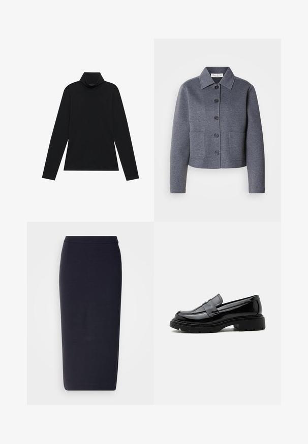 Grijze, cropped jas van een zacht materiaal met een kraag, zes knopen aan de voorkant en twee zijzakken.; Zwarte langetermijn turtleneck. Zachte stof, getailleerd design, hoge kraag en zijnaad. Eenvoudige en veelzijdige stijl die geschikt is voor het laagjes dragen.; Marineblauwe, knie-lange pencil skirt met een getailleerde taille en een rechte silhoutte tegen een witte achtergrond.; Zwarte glanzende leren loafer met grove profielzool en pennyriem, zijaanzicht op een effen witte achtergrond.