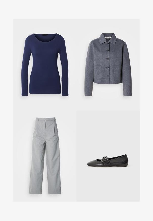 Veste grise courte en matériau doux, avec un col, six boutons à l'avant et deux poches latérales.; T-shirt à manches longues marine en matériau doux avec un col rond et un design ajusté. Aucuns motifs ni accents visibles.; Pantalons larges gris en tissu texturé, avec une taille haute, des plis à l'avant et une coupe droite jusqu'à l'ourlet.; Chaussure plate noire à bout pointu, fabriquée en cuir lisse. Présente trois brides décoratives avec boucles sur le cou-de-pied.
