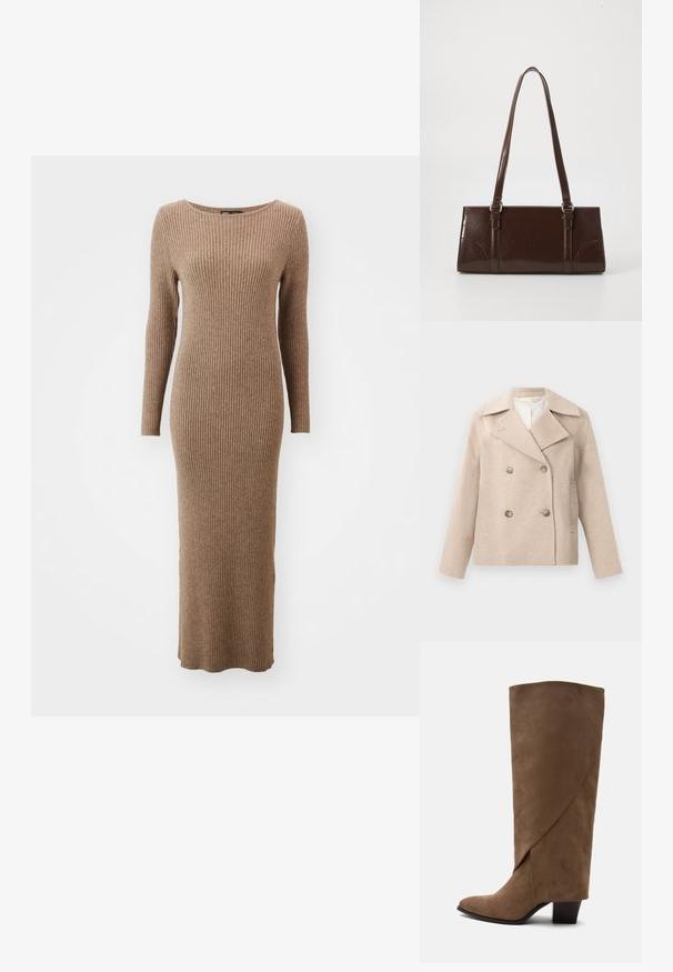 Beige Woll-Doppelreiher-Pea Coat mit breiten Revers, vier Knöpfen, langen Ärmeln und seitlichen Einschubtaschen.; Langärmliges, geripptes Kleid in einem warmen Braunton, mit rundem Ausschnitt und taillierter Passform, das bis zu den Knöcheln reicht.; Brauner kniehoher Veloursleder-Stiefel mit gefaltetem Detail und mittelhohem Blockabsatz, seitlich auf weißem Hintergrund gezeigt.; Braune Lackleder-Handtasche in rechteckiger Form, mit zwei langen Griffen und subtilen, geschwungenen Akzenten auf der Vorderseite.
