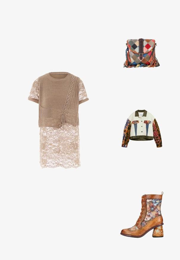 Puffet jakke med olivengrøn krave og kant, farverige ærmer med dyreprint, blå og dyreprint lommelapper, knaplukning foran.; Beige strikket top med korte ærmer, der har en dekorativ lomme, teksturerede mønstre og en blondeoverlægning ved kanten.; Brun læder snørestøvle med blomstrede stofpaneler og dekorativt malet chunky hæl.; Lille crossbody-taske med flerfarvet læderpatchwork, fletrem i mørkebrun og farverige læderfringesider på sider og bund.