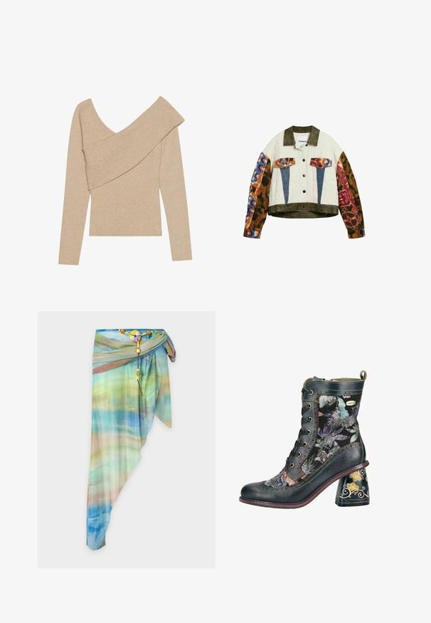 Prešívaná bunda s olivovým golierom a lemom, farebné rukávy s potlačou zvierat, modré klopy na vreckách s potlačou zvierat, zapínanie na gombíky vpredu.; Even&Odd by Zalando Svetrík - mottled beige; Asymetrická priehľadná zavinovacia sukňa s modrozelenobéžovým gradientným vzorom, upevnená dekoratívnym perličkovým opaskom a okrúhlou sponou.; Členková šnurovacia topánka s kvetinovými látkovými panelmi, tmavým koženým lemom, viacfarebným prešívaním a zdobeným blokovým podpätkom so zlatými kvetinovými vzormi.