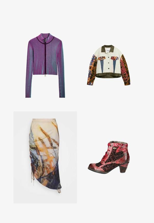 Gewatteerd jack met olijfgroene kraag en zoom, mouwen met een kleurrijke dierenprint, blauwe en dierenprint zakkleppen, aan de voorkant knoopsluiting.; Ingekorte ritsjack met lange mouwen in een meerkleurig geribbeld patroon met roze, paarse en blauwe strepen. Zilveren ritsdetails aan de voorkant.; Materiel DIAGONAL GATHERED SKIRT - Kokerrok - golden hour; Lace-up enkelboot in rood en zwart, met bloemmotieven, een gestructureerde afwerking en een houten hak. Metalen logo-accent aan de zijkant.