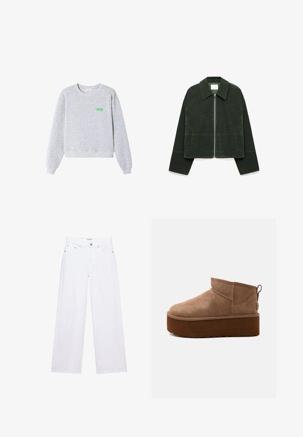 Grüne Wildlederjacke mit spitzem Kragen, Frontreißverschluss und zwei Seitentaschen; verkürztes Design mit weiten Ärmeln und strukturierter Oberfläche.; Hellgrauer Sweatshirt mit Rundhalsausschnitt und langen Ärmeln, gerippten Bündchen und Saum sowie kleinem grünen "American Vintage"-Text auf der linken Brust.; Weiße, hoch taillierte Jeans mit weitem Bein, Knopf- und Reißverschluss, Taschen vorne und hinten sowie silbernen Nieten.; Brauner, halbhoher Slipper-Stiefel aus Wildleder mit dicker Plateausohle und Zuglasche hinten vor hellem Hintergrund.
