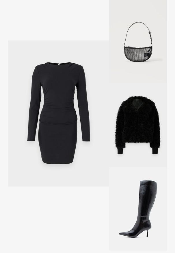 Veste noire courte en tissu texturé à finition duveteuse, avec un profond décolleté en V et des poignets côtelés. Caractéristiques d'une apparence douce et volumineuse.; Robe noire à manches longues en tissu extensible, présentant une silhouette ajustée, un ruché sur le côté et une petite fermeture à ouverture en forme de clé au dos.; Bottes noires à talons aiguilles montantes, avec une finition en cuir brillant, un bout pointu et un talon effilé, présentant une surface lisse et un design élégant.; Sac à main en maille noire forme demi-lune avec une courte bandoulière en cuir réglable et une fermeture éclair sur un fond clair uni.