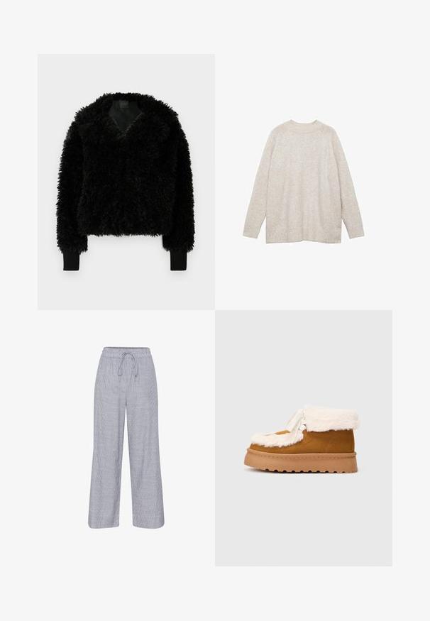 Fluffy sort cropped jakke lavet af tekstureret stof med dyb V-udskæring og ribbet ærmekant. Har et blødt, voluminøst udseende.; Beige strikket sweater med rund hals, ribbet kant og manchetter samt raglanærmer. Blød tekstur med en afslappet, oversized pasform.; Grå og hvidstribet vide bukser med elastisk talje og snor. Letvægtsstof med en afslappet pasform.; Brune ruskinds ankelstøvle med hvid falsk pelskant, flad gummisål og dekorative snørebånd. Har en rund tå og tekstureret overflade.