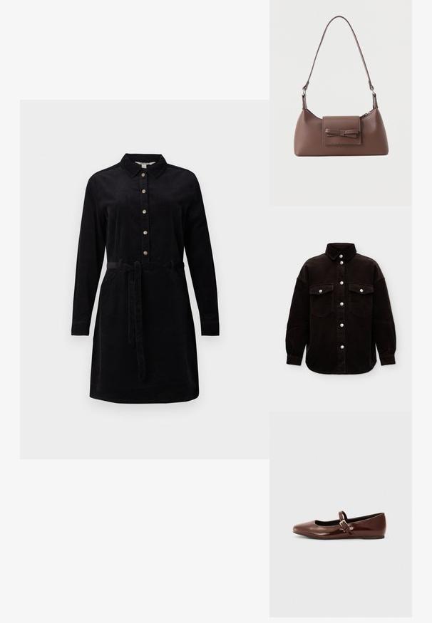 Schwarze Cordhemdjacke mit langen Ärmeln, Knopfleiste vorne mit silbernen Knöpfen und zwei Brusttaschen mit Knopfklappen.; Schwarzes Cordkleid mit durchgehender Knopfleiste, langen Ärmeln und einem Bindegürtel in der Taille. Verfügt über einen klassischen Kragen und seitliche Taschen.; Braune Lackleder-Ballerinas mit quadratischer Zehenform und Riemen mit einer kleinen goldenen Schnalle. Glatte Textur, niedriger Absatz und minimalistisches Design.; Braune Leder-Umhängetasche mit einer vorderen Klappentasche, die ein gestepptes Schleifendetail und einen verstellbaren Riemen aufweist.