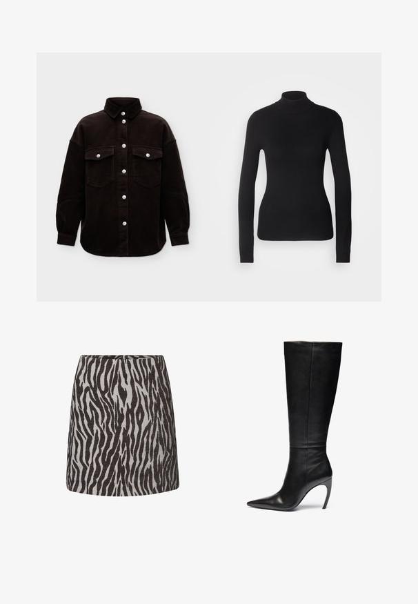 Sort kordfløjls skjortejakke med lange ærmer, knaplukning foran med sølvknapper og to brystlommer med knapklapper.; Sort turtleneck sweater lavet af let strikket stof. Har lange ærmer, et tætsiddende design og en blød ribbet tekstur.; Mini nederdel med sort og grå zebra mønster, lige snit og en skjult lynlås bagpå.; Sorte læder knæhøje støvler med spids tå og høj stilettohæl; slank, glat tekstur med subtile sømme og ingen synlig hardware.