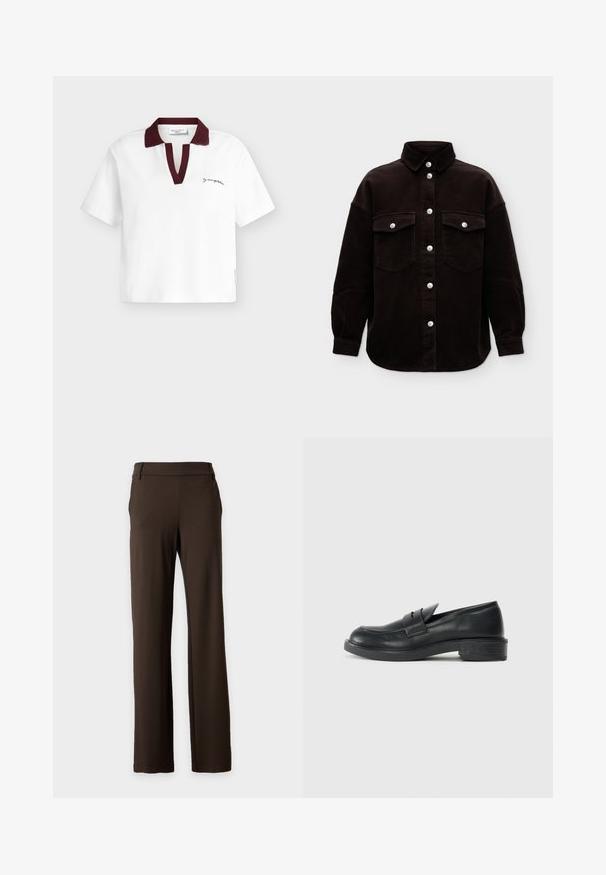 Veste-chemise en velours côtelé noire à manches longues, fermeture boutonnée avec des boutons argentés et deux poches poitrine avec rabats boutonnés.; Polo blanc à manches courtes avec col et patte en rouge foncé, petit logo script noir sur la poitrine gauche et étiquette sur la couture latérale.; Pantalon marron foncé droit avec passants de ceinture, poches latérales et un design avant épuré sur un fond clair uni.; Mocassins en cuir noir avec un bout arrondi, des détails cousus et un petit talon. Texture lisse et semelle en caoutchouc flexible.
