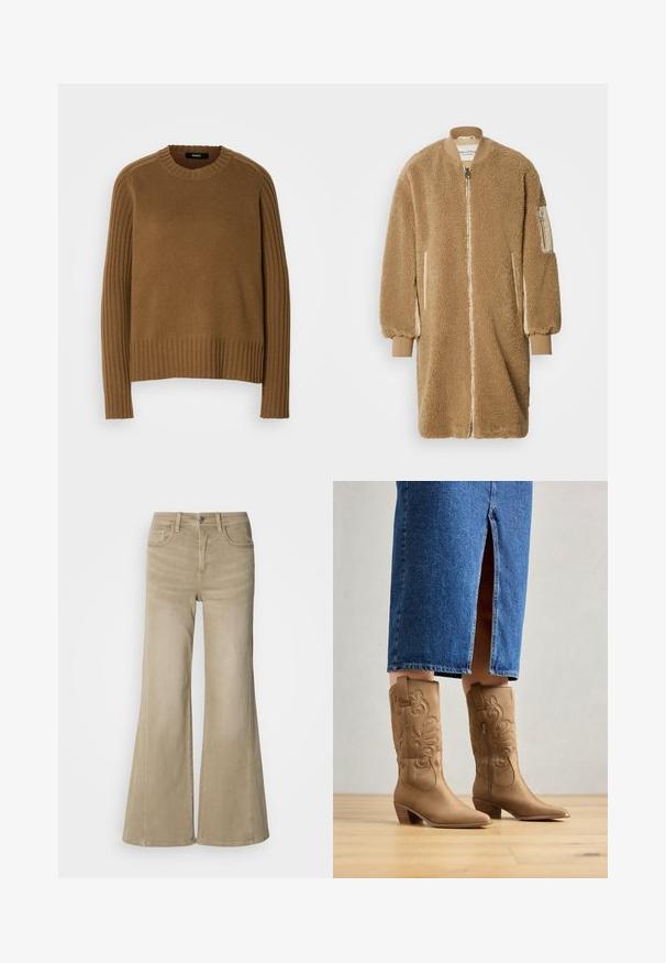 Manteau surdimensionné couleur camel en textile duveteux avec fermeture éclair à l'avant, poignets côtelés et poches latérales ; comporte un détail de manche lisse de couleur crème.; Pull en maille marron avec une texture côtelée, encolure ronde et manches longues. Présente des détails côtelés contrastants le long des épaules.; Jean large beige en denim coton durable, avec une fermeture à boutons, un design à cinq poches et des détails de couture subtils le long des coutures.; Bottes western en cuir marron avec des coutures décoratives, bout pointu et talon empilé. Portées avec une jupe en denim longue jusqu'au genou, mettant en valeur les bottes.