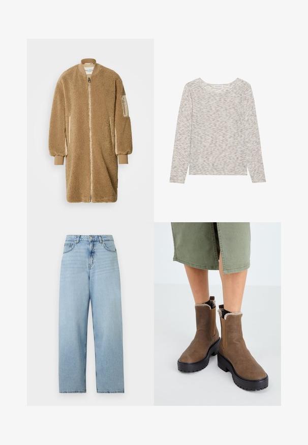 Zandkleurige oversized jas gemaakt van wollige stof met een ritssluiting aan de voorkant, geribbelde manchetten en zijzakken; heeft een gladde, crèmekleurige mouwdetail.; Lichte lange mouw top in beige met een subtiel gestructureerd patroon. Rond decolleté en rechte zoom met lichte zijsplitten. Zachte stof.; Lichtblauwe jeans met hoge taille en wijde pijpen, vooraan met knoop- en ritssluiting, en klassiek ontwerp met vijf zakken.; Bruine leren enkellaarsjes met een rubberen zool, zachte voering en elastische zij-inserts. Heeft een lage blokhak en een gladde structuur.