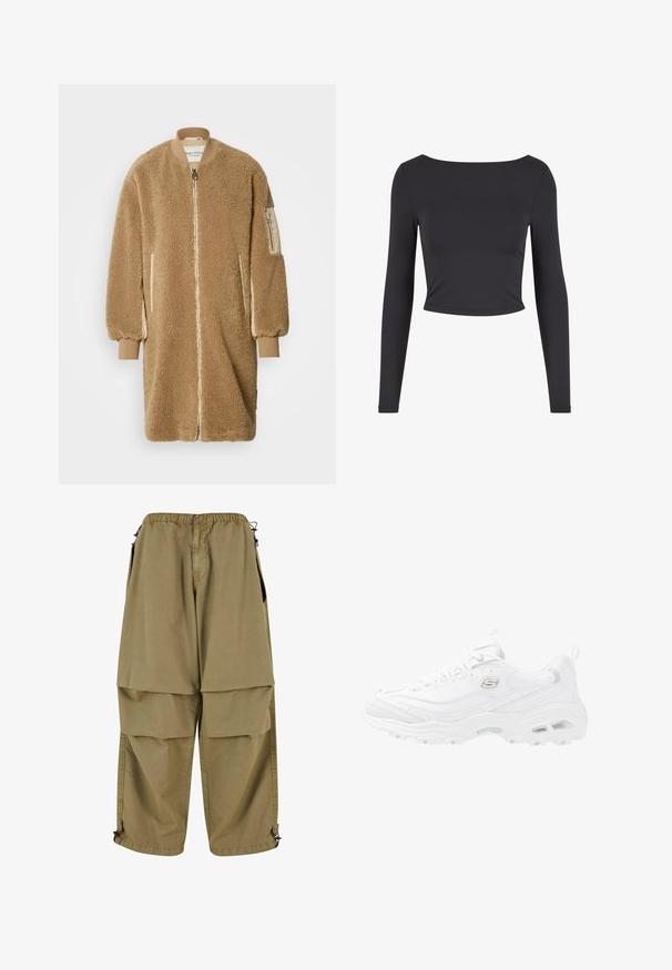 Tan oversized frakke lavet af blødt tekstil med lynlås foran, ribstrikkede manchetter og sidelommer; har en glat, cremefarvet ærmedetalje.; Sort crop top med lange ærmer, lavet af et glat, strækbart stof. Har en bred bådhals og en tætsiddende silhuet.; Beige cargo bukser med elastisk talje, store forlommer og justerbare manchetter. Lavet af letvægtsmateriale med en glat tekstur.; Skechers D'LITES WIDE FIT - Sneakers - white