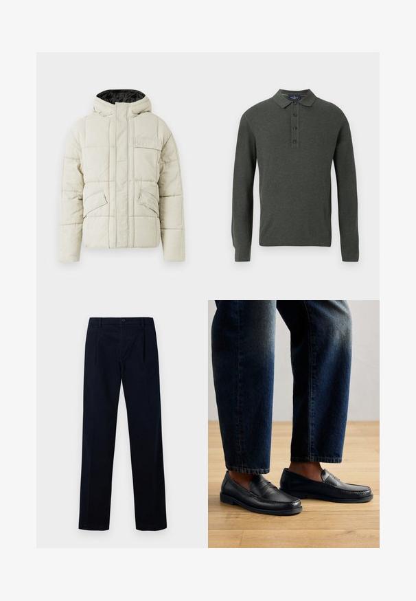 Helle beige gepolsterte Jacke mit Frontreißverschluss, drei blinden Taschen und einer schwarz gefütterten Kapuze, entworfen für kaltes Wetter.; Langarm-Polo-Pullover in Dunkelgrün, aus strukturiertem Stoff gefertigt. Mit klassischem Kragen und einer Dreiknopfleiste.; Marineblaue Hose aus strukturiertem Stoff, mit flachem Vorderteil, zwei Falten und einem Knopfverschluss, in gerader Beinform.; Schwarze Lederlofer mit gestickten Details und strukturierten Akzenten, getragen mit dunklem Denim, der ein lässiges und schlankes Design zur Schau stellt.