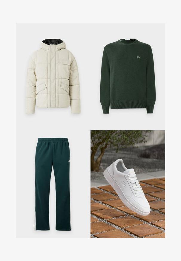 Lys beige polstret jakke med frontlynlås, tre klaplommer og en sort foret hætte, designet til koldt vejr.; Grøn strikket sweater med rund hals, ribbede manchetter og kant, og med et lille broderet krokodillelogo på brystet.; Mørkegrønne sweatpants med elastisk hænger og hvide striber, der løber ned ad ydersiden af benene.; Hvid Lacoste-sneaker med snøre, der svæver over trækvadrattæpper og små gråsten, med sløret træ og væg i baggrunden.