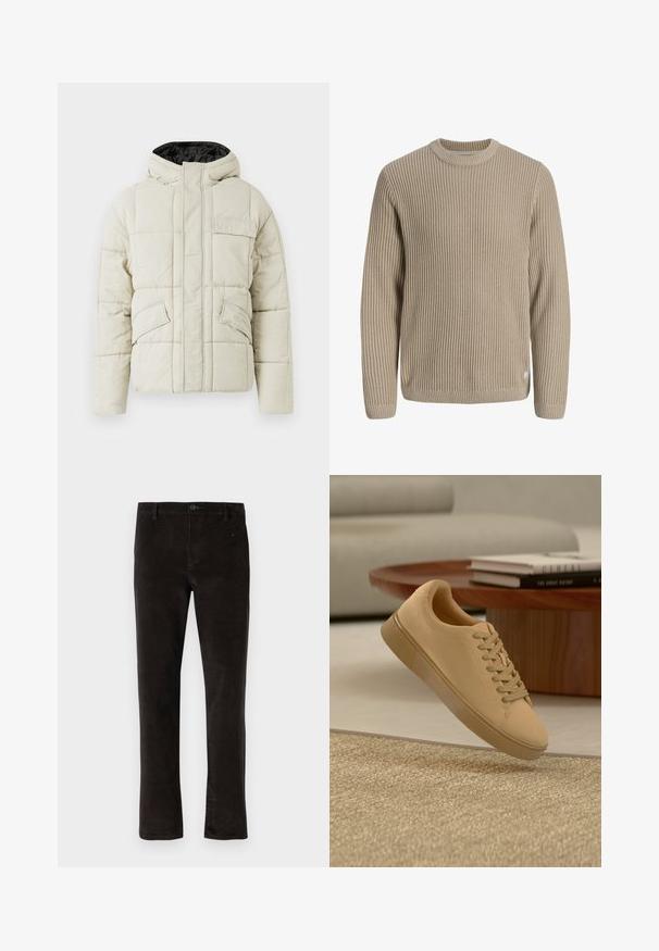 Veste rembourrée beige clair avec fermeture éclair avant, trois poches à rabat et une capuche doublée de noir, conçue pour les temps froids.; Pull en maille côtelée beige avec manches longues et col rond, présenté sur un fond clair.; Pantalons en velours côtelé noir avec une coupe droite, dotés d'une fermeture à un seul bouton et d'une texture subtile. Style minimaliste sans motifs visibles.; Baskets beiges à lacets flottant au-dessus d'un tapis texturé avec une table basse en bois et des livres empilés en arrière-plan flou.