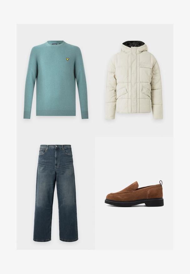 Lys beige polstret jakke med frontlynlås, tre klaplommer og en sort foret hætte, designet til koldt vejr.; Crewneck-sweater i blødt tealstof med lange ærmer og ribbet kant. Broderet gul logo på brystet.; Bredde ben denim jeans i mørkeblå, med en falmet vask, fem lomme-design og solid syning. Knappelukning i taljen.; Brune ruskind slip-on sko med rund tå, sort gummisål og en lille hæl. Har dekorativ syning på overdelen.