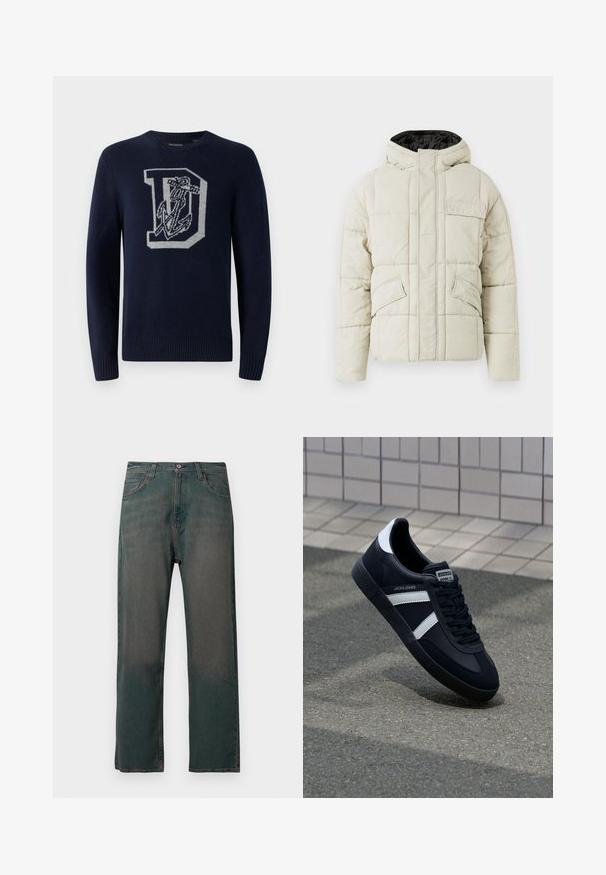 Lys beige polstret jakke med frontlynlås, tre klaplommer og en sort foret hætte, designet til koldt vejr.; Mørkeblå strikket sweater med rund hals, prydet med et stort gråt 'D' samt anker mønster på fronten, og ribbede manchetter og kant.; Mørkegrønne denimjeans med lige ben, der har et klassisk design med fem lommer og kontrastsyninger langs sømmene.; Sort lædersneaker med hvide striber, tekstureret gummisål og snørrebånd foran. Har et brandet mærke på tungen.