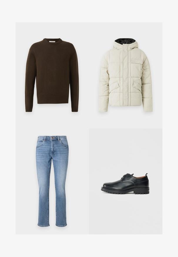 Lys beige polstret jakke med frontlynlås, tre klaplommer og en sort foret hætte, designet til koldt vejr.; Brun strikket sweater med rund hals, lange ærmer og ribbede manchetter. Blød tekstur, glat finish og en afslappet pasform.; Lyseblå straight-leg denim jeans med forlommer, bæltestropper og knaplukning.; Sorte læder derby-sko med en glat overflade, rund tå, snøre-design og en tyk, robust gummisål.