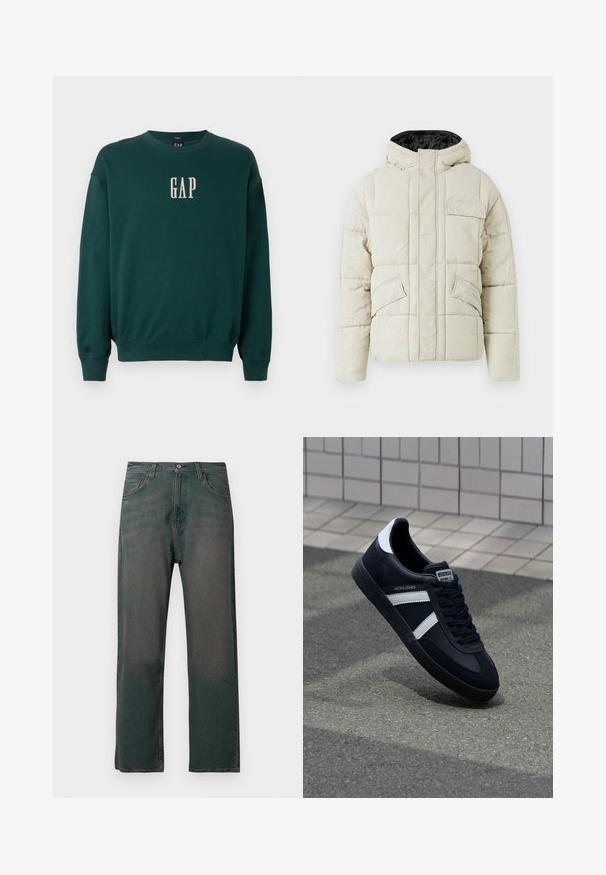Hele beež paks jakk, millel on ees tõmblukk, kolm klapiga taskut ja musta voodriga kapuuts, mõeldud külma ilma jaoks.; Roheline pikade varrukatega sweatshirt ribidega mansettide ja vöökohtadega, millel on valge tikandiga "GAP" logo rinnal. Pehme kangastekstuuri.; Tumedrohelised teksapüksid sirgete sääreotstega, klassikalise viie taskuga ja kontrastse õmblusega õmbluste along.; Must have musta sneaker musta valgete triipudega, tekstuurne kummitald ja nööridega esiosa. Omab bränditud märki keele peal.