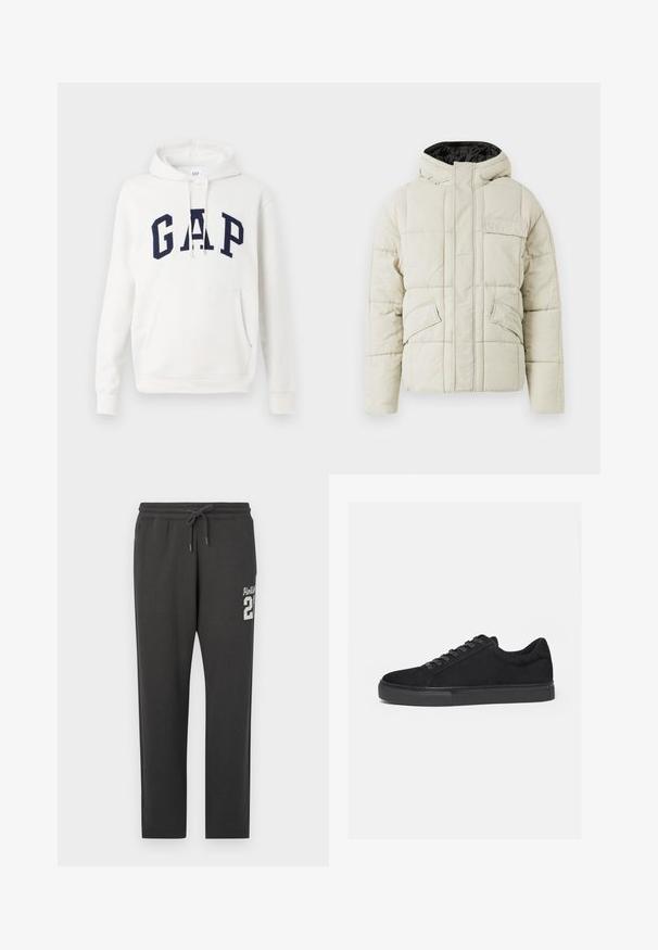 Lichtbeige gewatteerde jas met een ritssluiting aan de voorkant, drie klepzakken en een met zwart gevoerd capuchon, ontworpen voor koud weer.; Witte hoodie met een voorzak en marineblauwe "GAP" letters over de borst, met verstelbare trekkoorden aan de capuchon.; Donkergrijze sweatpants met elastische tailleband en trekkoord, voorzien van witte "Hollister 21" tekst op de bovenste linkerkant van de dij.; Zwarte lage sneaker met veterluiting aan de voorkant en platte rubberen zool, zijaanzicht op een witte achtergrond.