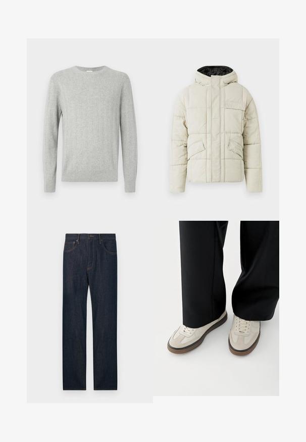 Lys beige polstret jakke med frontlynlås, tre klaplommer og en sort foret hætte, designet til koldt vejr.; Lys grå strikket sweater med ribbet tekstur, rund halsudskæring og lange ærmer. Enkel design med lige kant og holdbart materiale.; Mørkeblå denimjeans med lige ben, for- og baglommer, en knap og bæltestropper.; Fødder iført beige sneakers med brune såler og sorte bukser med vide ben på hvid baggrund.