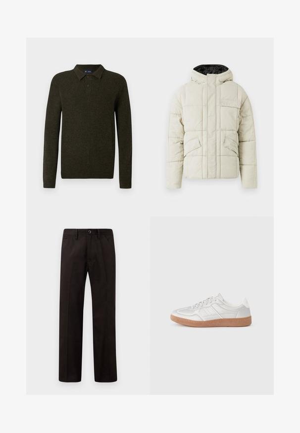 Lys beige polstret jakke med frontlynlås, tre klaplommer og en sort foret hætte, designet til koldt vejr.; Grøn langærmet polo sweater med struktureret finish, to knaplukninger og ribstrikkede manchetter. Enkel, klassisk design der er velegnet til afslappet brug.; Sorte bukser med lige ben-design, lavet af blødt stof. Har forlommer og en enkelt knaplukning i taljen.; Sølv sneakers med en glat overflade, snørebånd, perforerede detaljer og en struktureret brun gummi sål.
