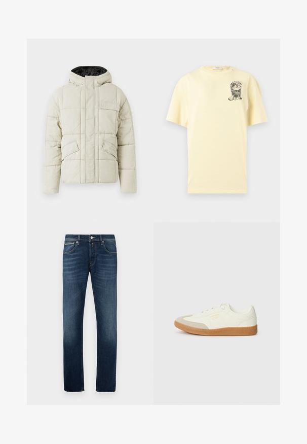 Helle beige gepolsterte Jacke mit Frontreißverschluss, drei blinden Taschen und einer schwarz gefütterten Kapuze, entworfen für kaltes Wetter.; Hellgelbes kurzärmeliges T-Shirt mit einer kleinen Grafik eines Cocktailglases, Zitronenscheiben und dem Text "Replay club 81" auf der Brust.; Dunkelblaue Gerade geschnittene Jeans mit leichter Ausbleichung an den Oberschenkeln, fünf Taschen und einem metallenen Knopfverschluss an der Taille.; Sneaker aus weißem Leder mit einer beigen Zehenkappe und leichter brauner Gummisohle. Verfügt über flache weiße Schnürsenkel und geprägtes Branding an der Seite.